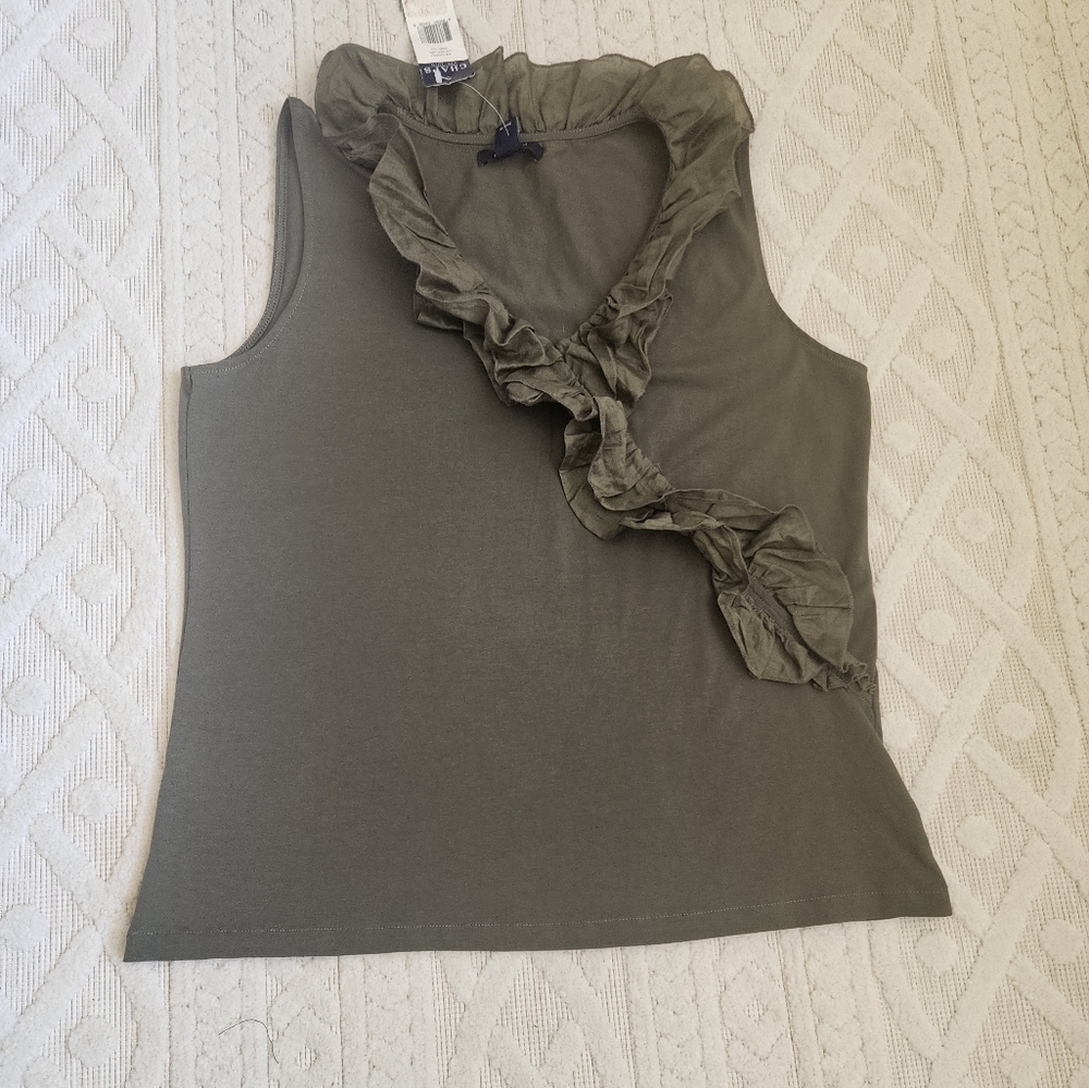 NWT L Olive sleeveless top with ruffles